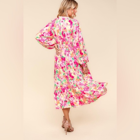 Floral Surplice Balloon Sleeve Dress with Side Pockets - Picture 3 of 6